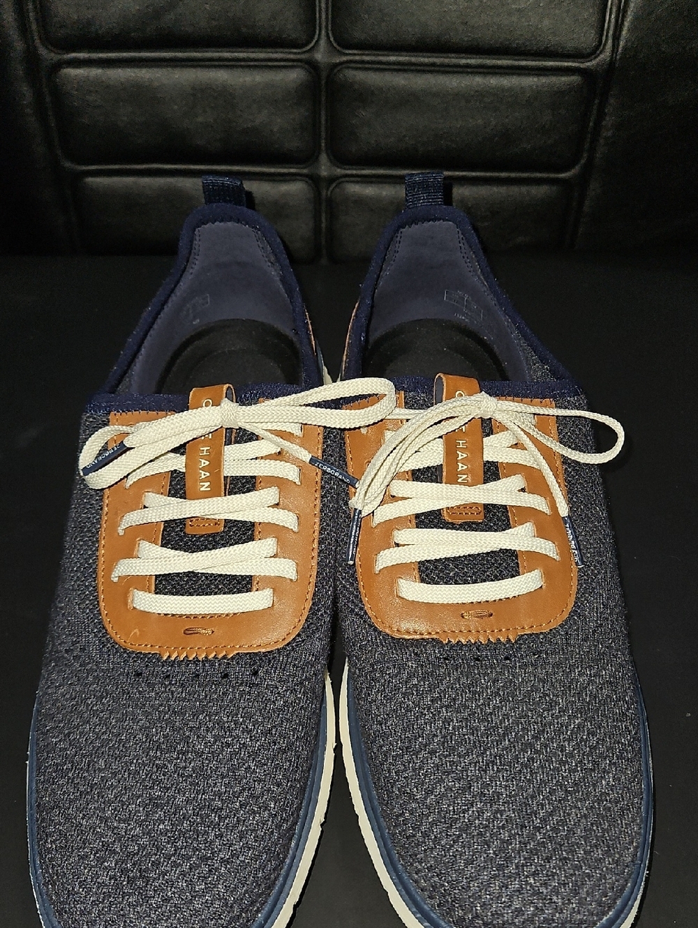 Cole Haan Navy Knit Sneakers with Tan Leather Accents Size 12